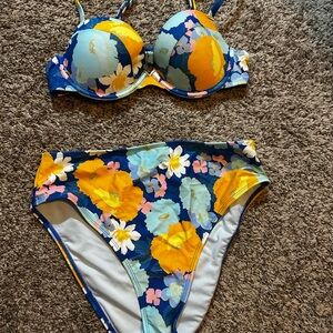 Floral Bikini Set in Blue and Yellow